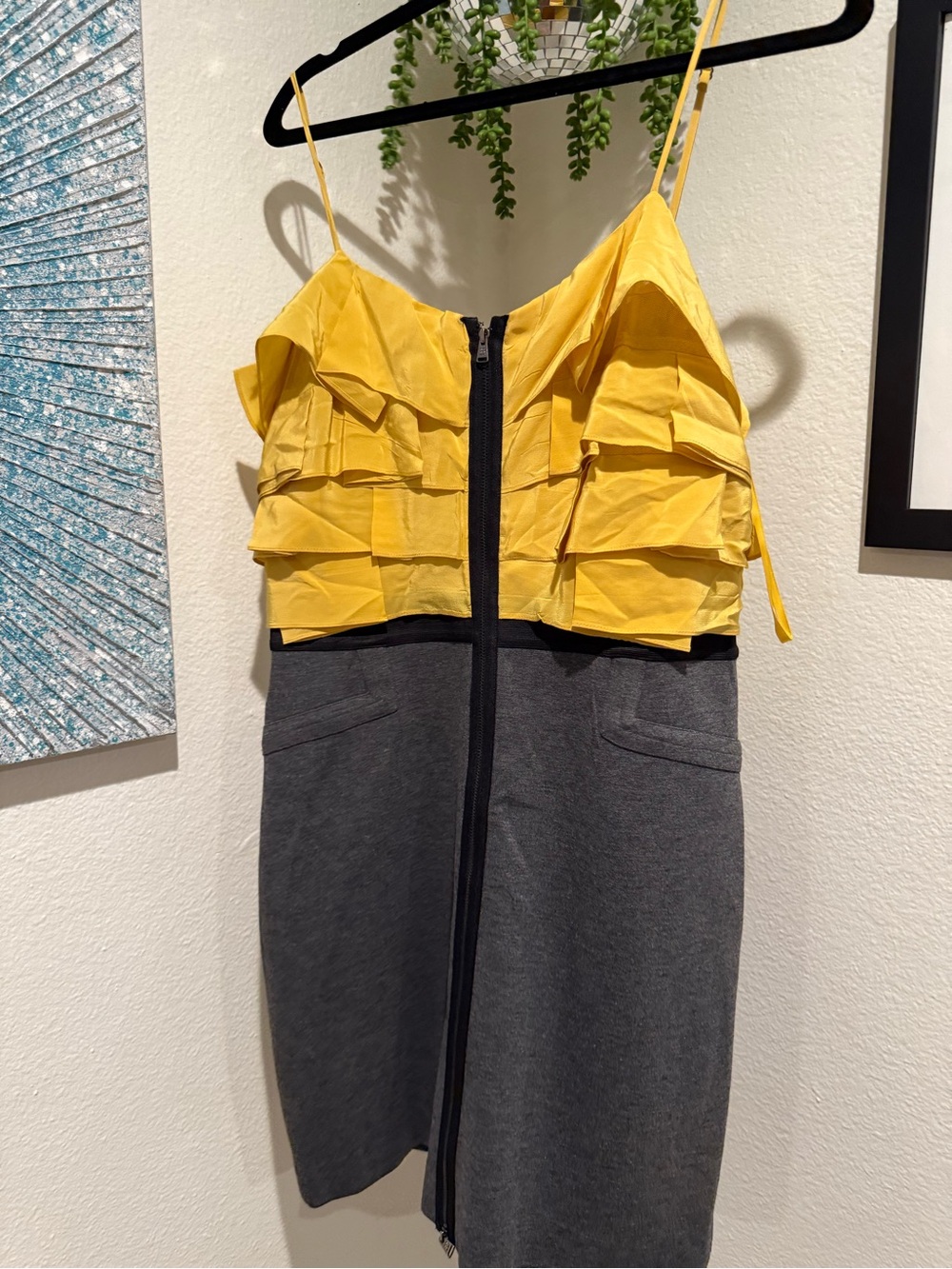 BCBGMaxAzria Yellow Ruffle Bodice Mini Dress with Gray Skirt